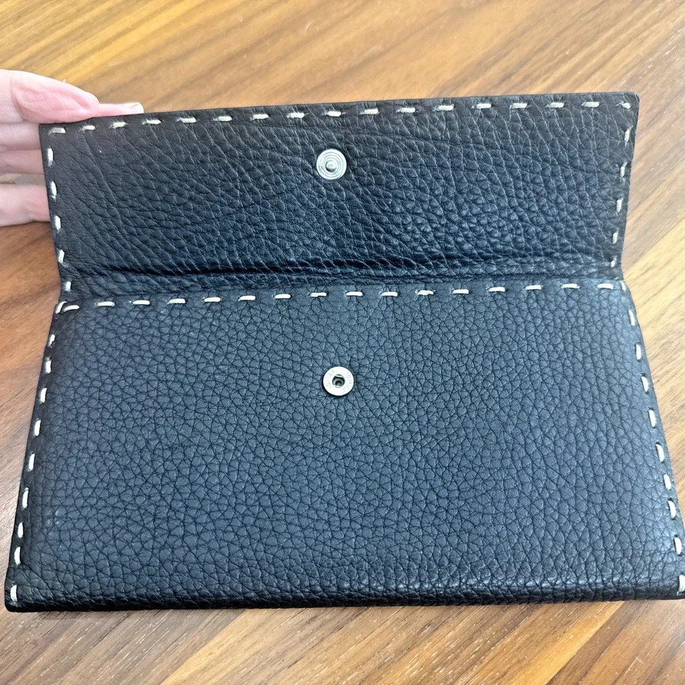 Fendi Selleria Leather Long Wallet - Black With Tan Thread - Great Condition! ￼